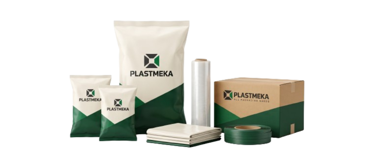 Plastmeka pakuotės gaminių šeima: PE maišai, stretch plėvelė, kartoninė pakuotė ir juostos